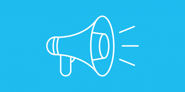 Icon Megafon auf blauem Hintergrund.